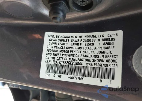 2016 Honda Civic Ex-T from USA, damaged, VIN 19XFC1F32GE208844